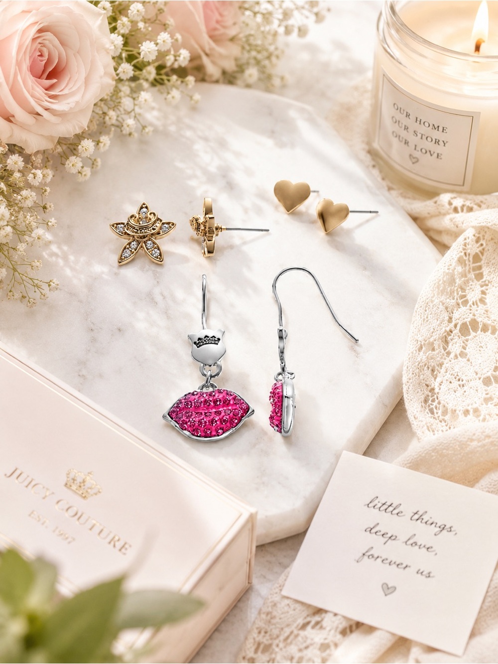 Juicy Couture Crystal Lips Heart Flower Earrings Gift Set Gold Silver